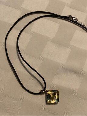 Dichroic Glass Square Pendant Necklace - Black Cord, Gold & Teal